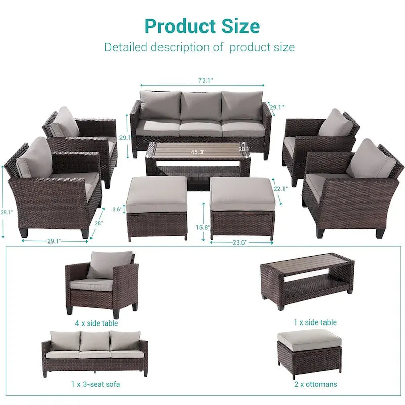 Ensemble de canapé de patio 8 pièces BONOSUKI en rotin marron avec poufs