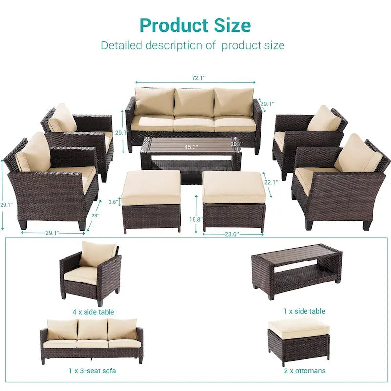 Ensemble de canapé de patio 8 pièces BONOSUKI en rotin marron avec poufs