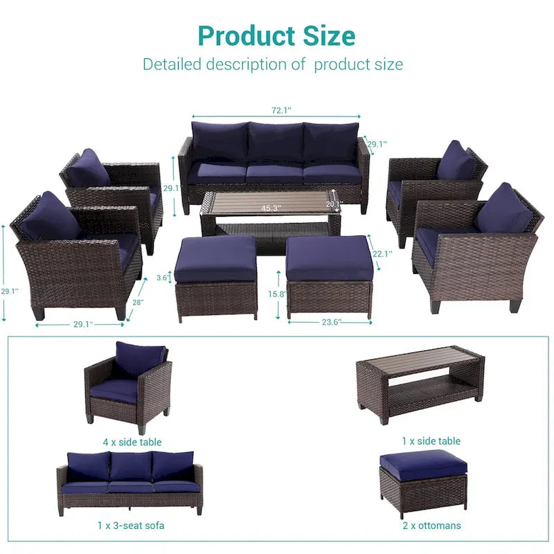 Ensemble de canapé de patio 8 pièces BONOSUKI en rotin marron avec poufs