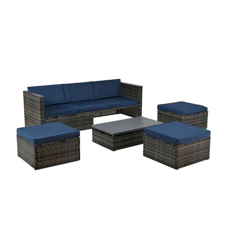Ensemble de mobilier de jardin en résine tressée 5 pièces : Canapé modulable et table basse