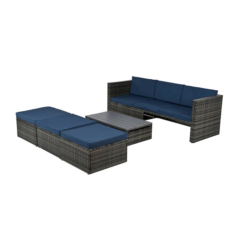 Ensemble de mobilier de jardin en résine tressée 5 pièces : Canapé modulable et table basse