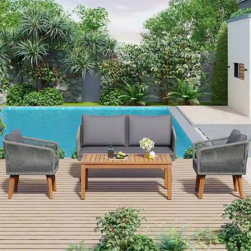 Ensemble de conversation 4 pièces pour terrasse, causeuse en bois massif, 2 chaises et une table