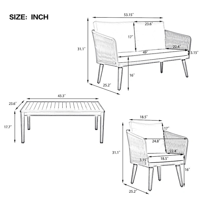 Ensemble de conversation 4 pièces pour terrasse, causeuse en bois massif, 2 chaises et une table