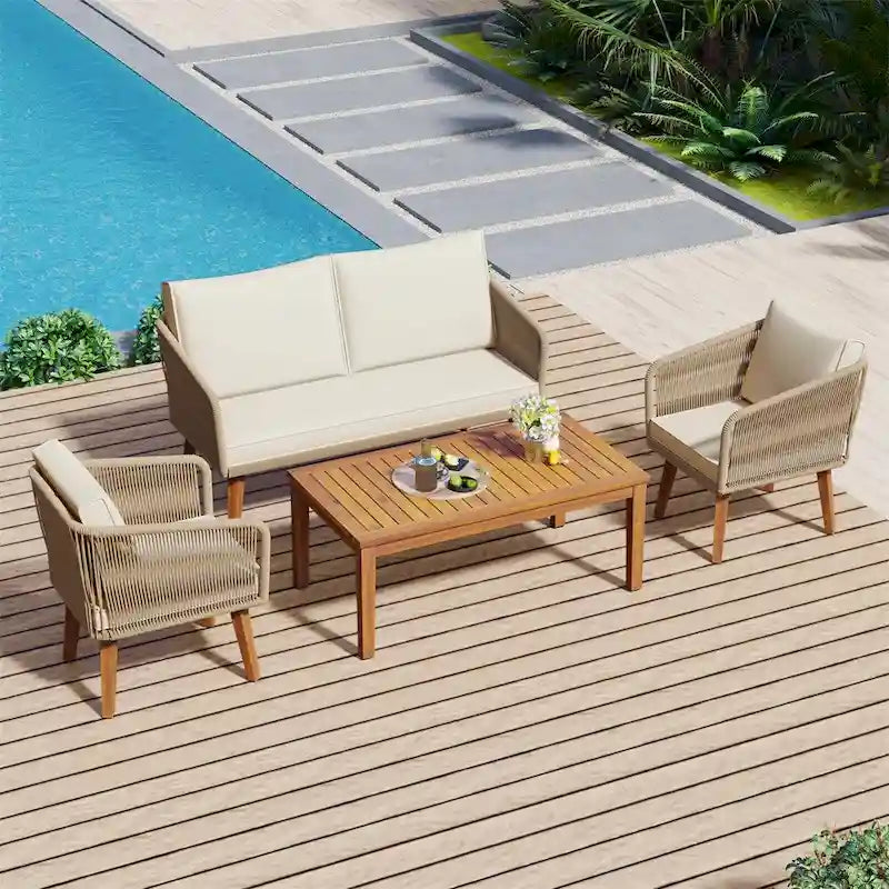 Ensemble de conversation 4 pièces pour terrasse, causeuse en bois massif, 2 chaises et une table