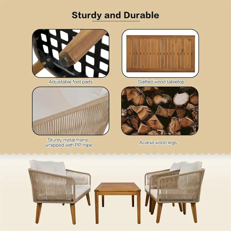 Ensemble de conversation 4 pièces pour terrasse, causeuse en bois massif, 2 chaises et une table