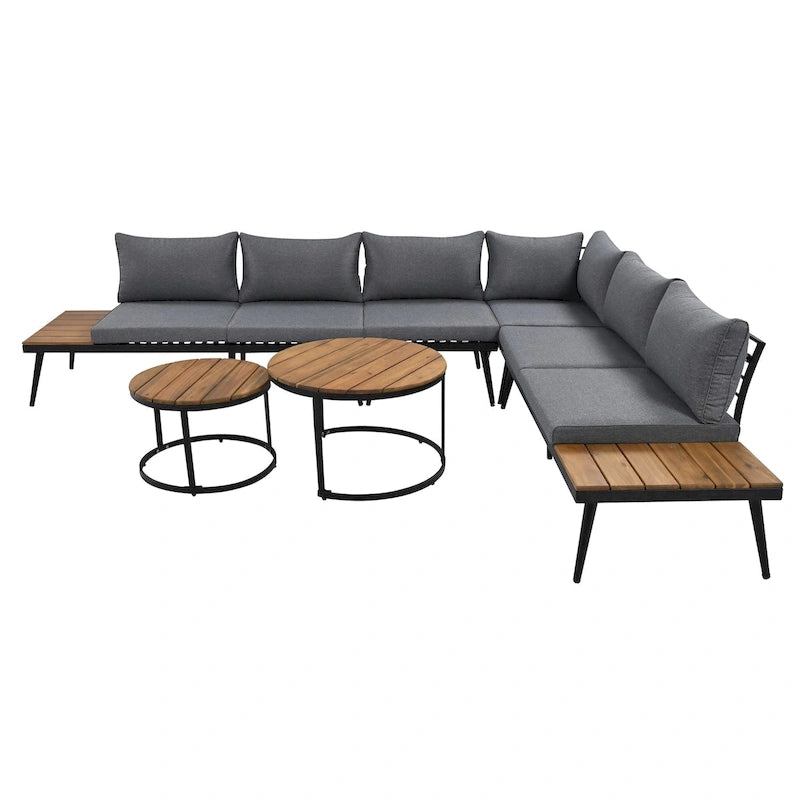 Canapé d'angle d'extérieur 6 pièces avec tables gigognes et coussin