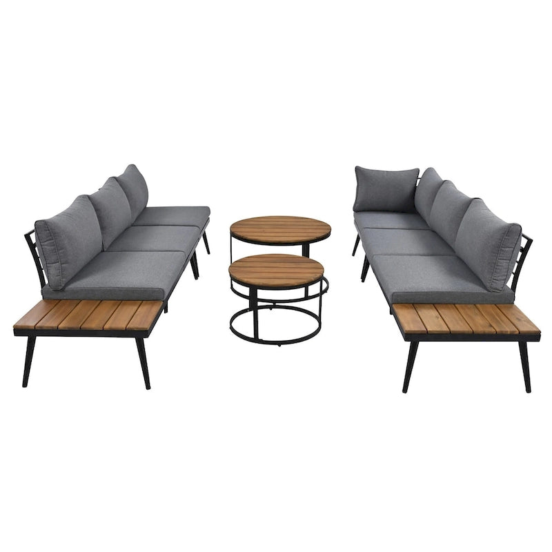 Canapé d'angle d'extérieur 6 pièces avec tables gigognes et coussin