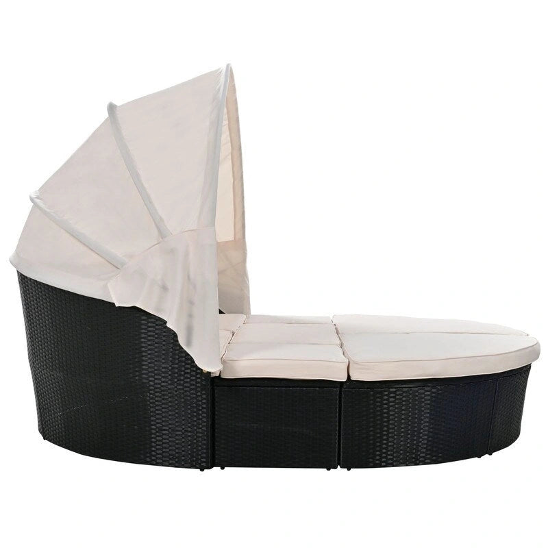 Lit de repos rond d'extérieur en rotin avec auvent rétractable et coussins lavables