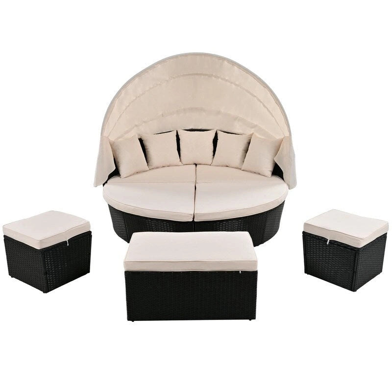 Lit de repos rond d'extérieur en rotin avec auvent rétractable et coussins lavables