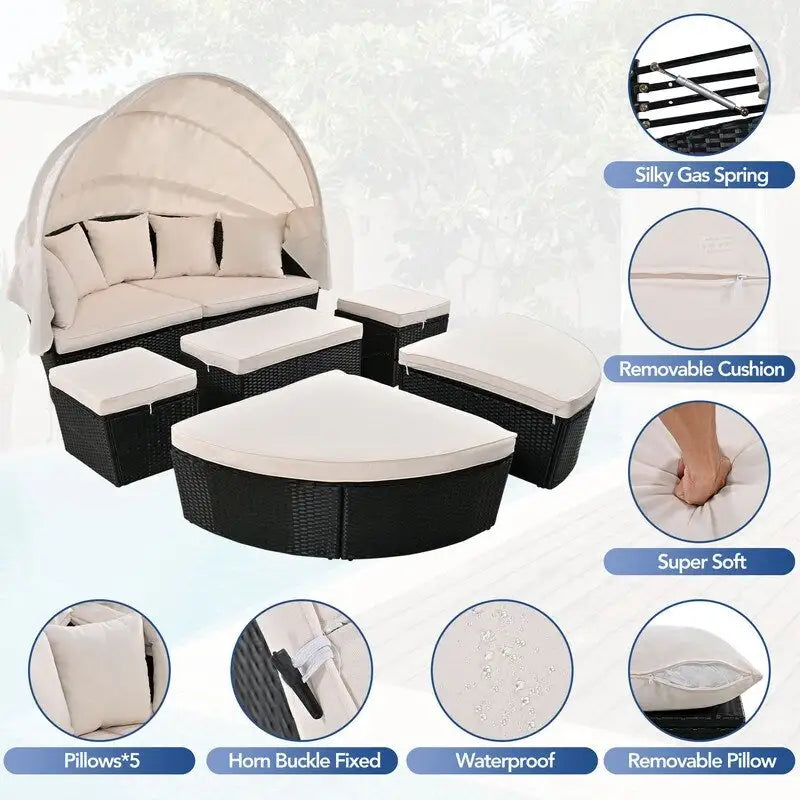 Lit de repos rond d'extérieur en rotin avec auvent rétractable et coussins lavables
