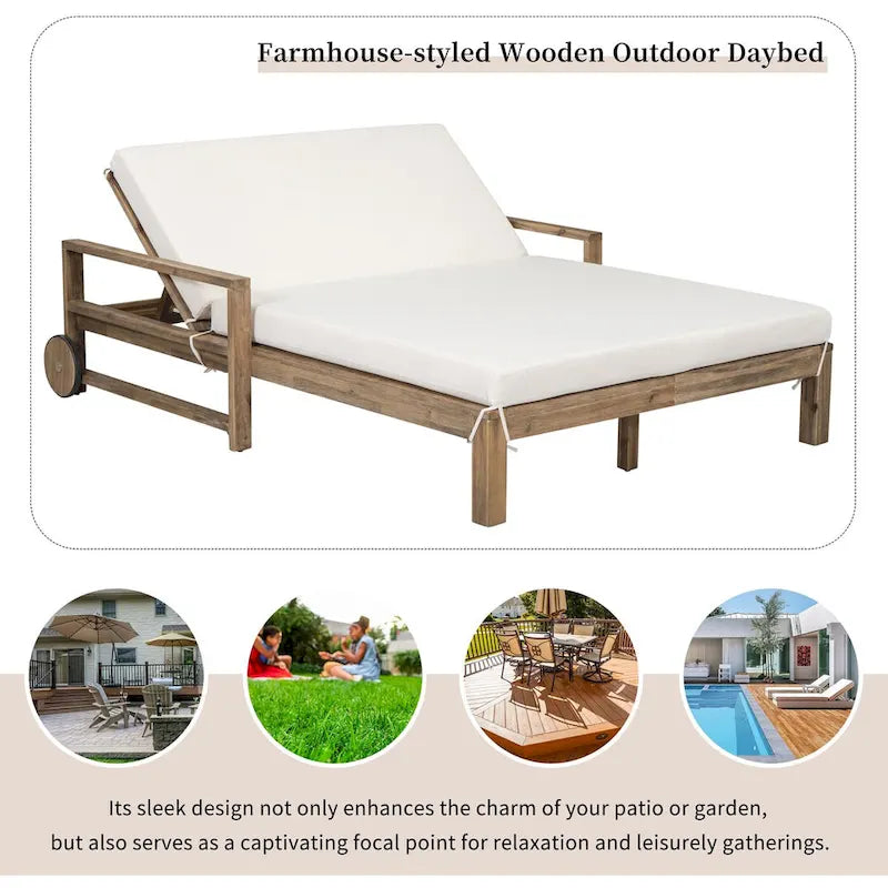 Chaise longue d'extérieur en acacia avec dossier réglable, style fermette