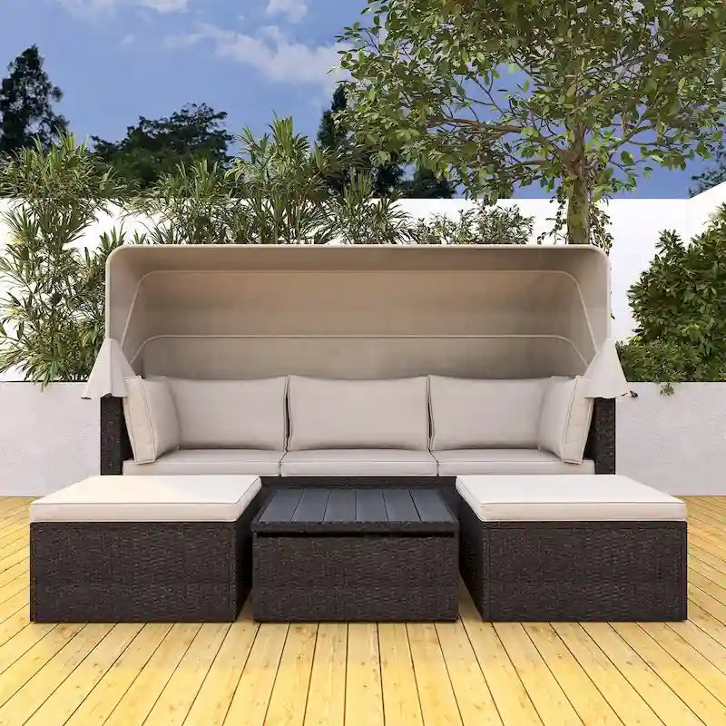 Lit de repos extérieur modulable en osier tressé 4 pièces avec auvent et pouf