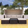 Lit de repos extérieur modulable en osier tressé 4 pièces avec auvent et pouf