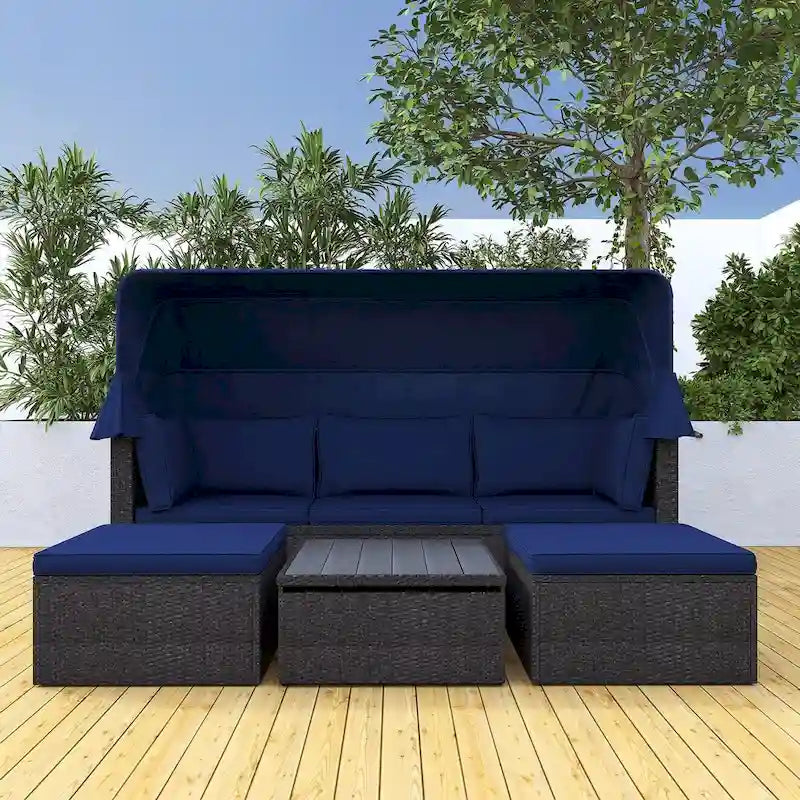 Lit de repos extérieur modulable en osier tressé 4 pièces avec auvent et pouf