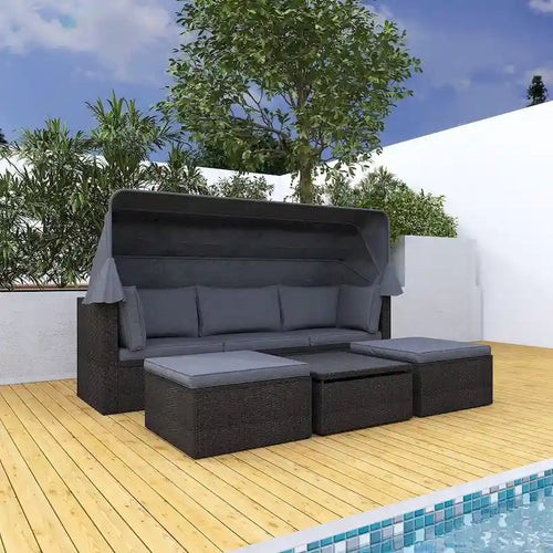 Lit de repos extérieur modulable en osier tressé 4 pièces avec auvent et pouf