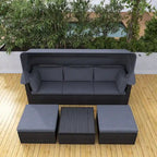 Lit de repos extérieur modulable en osier tressé 4 pièces avec auvent et pouf