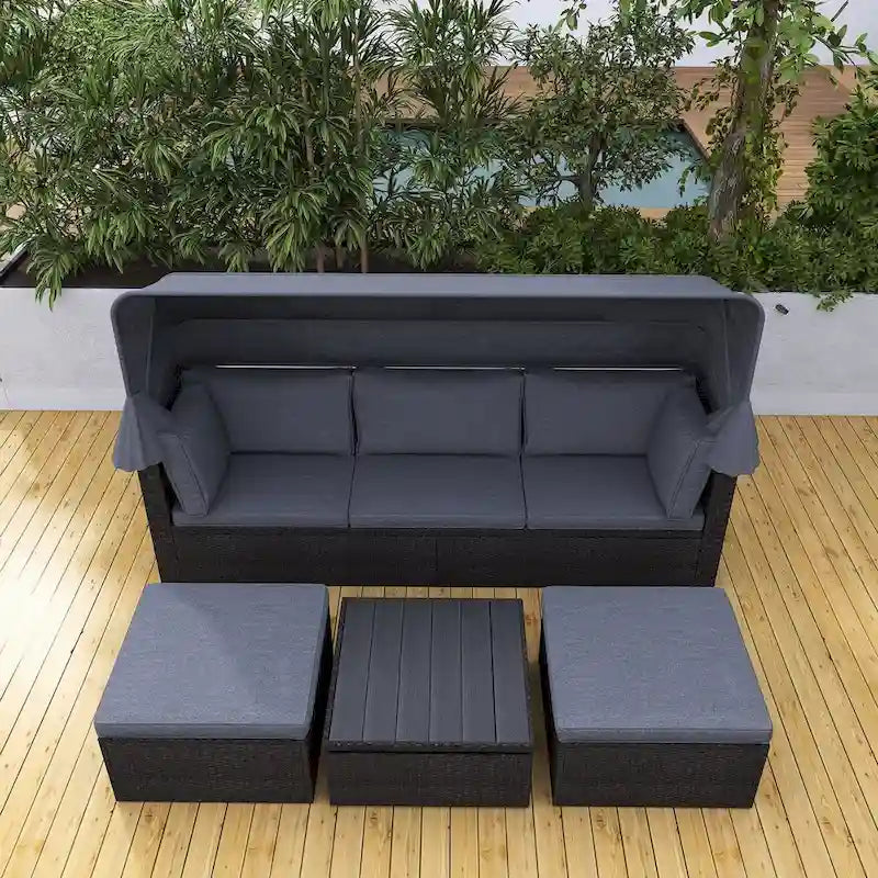 Lit de repos extérieur modulable en osier tressé 4 pièces avec auvent et pouf