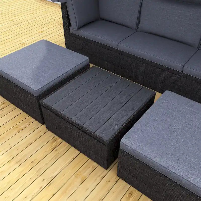 Lit de repos extérieur modulable en osier tressé 4 pièces avec auvent et pouf