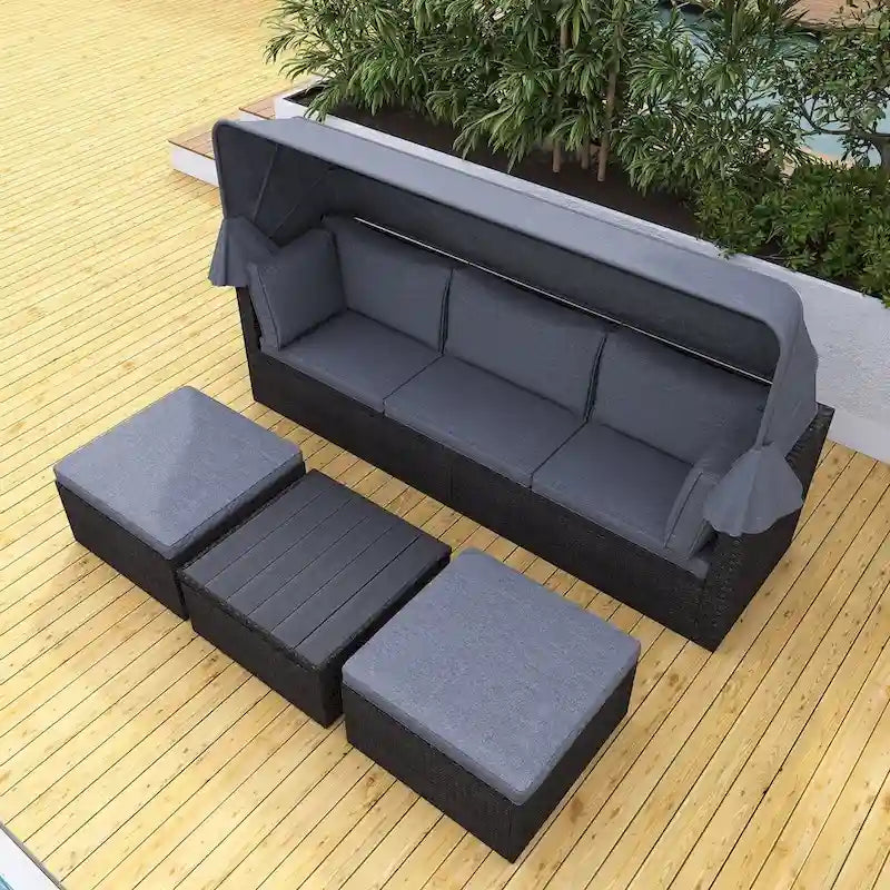 Lit de repos extérieur modulable en osier tressé 4 pièces avec auvent et pouf