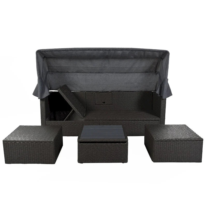 Lit de repos extérieur modulable en osier tressé 4 pièces avec auvent et pouf