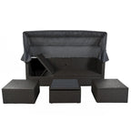 Lit de repos extérieur modulable en osier tressé 4 pièces avec auvent et pouf