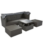 Lit de repos extérieur modulable en osier tressé 4 pièces avec auvent et pouf