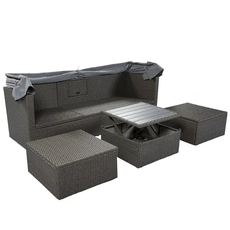 Lit de repos extérieur modulable en osier tressé 4 pièces avec auvent et pouf