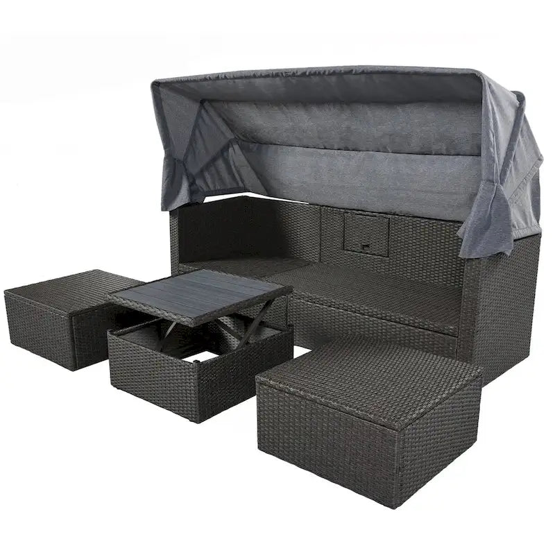 Lit de repos extérieur modulable en osier tressé 4 pièces avec auvent et pouf