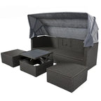 Lit de repos extérieur modulable en osier tressé 4 pièces avec auvent et pouf