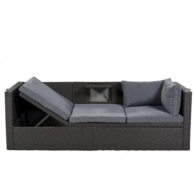 Lit de repos extérieur modulable en osier tressé 4 pièces avec auvent et pouf