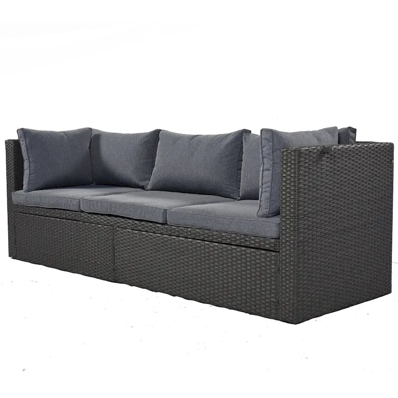 Lit de repos extérieur modulable en osier tressé 4 pièces avec auvent et pouf