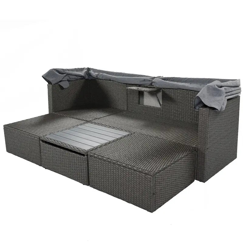 Lit de repos extérieur modulable en osier tressé 4 pièces avec auvent et pouf