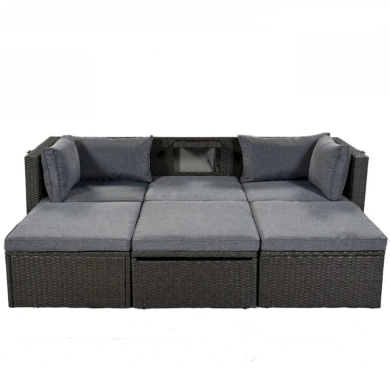 Lit de repos extérieur modulable en osier tressé 4 pièces avec auvent et pouf