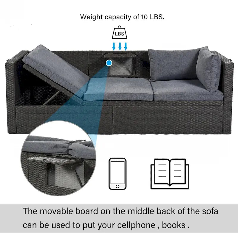 Lit de repos extérieur modulable en osier tressé 4 pièces avec auvent et pouf