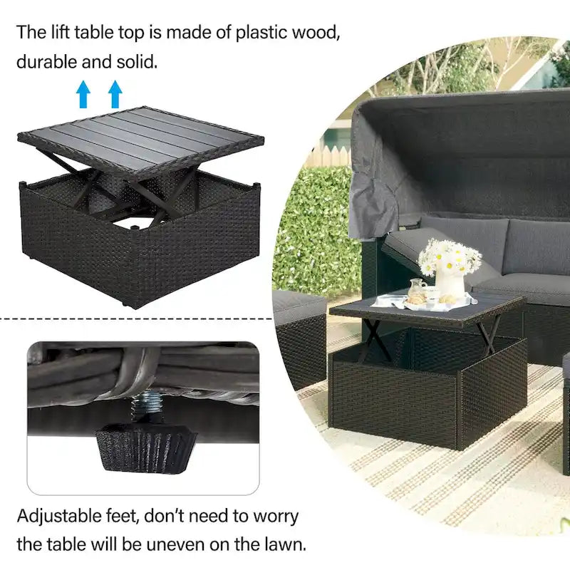 Lit de repos extérieur modulable en osier tressé 4 pièces avec auvent et pouf