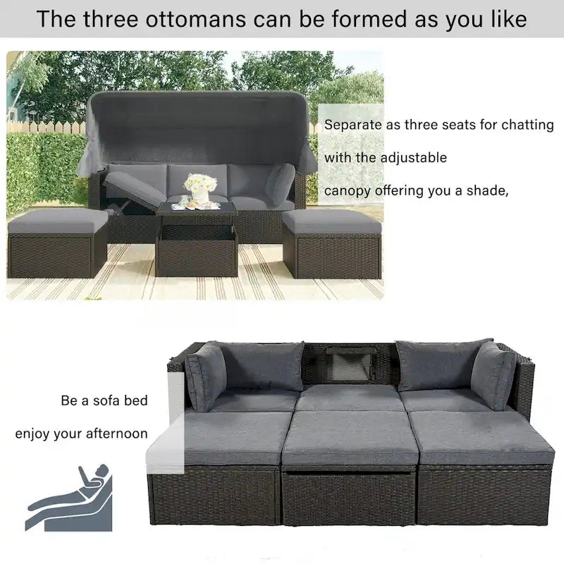 Lit de repos extérieur modulable en osier tressé 4 pièces avec auvent et pouf