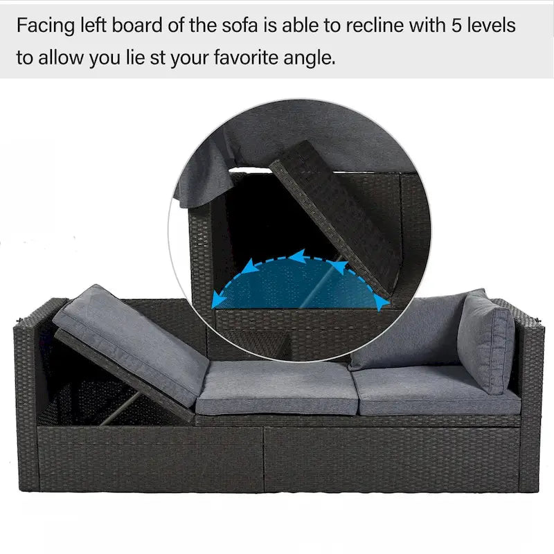 Lit de repos extérieur modulable en osier tressé 4 pièces avec auvent et pouf