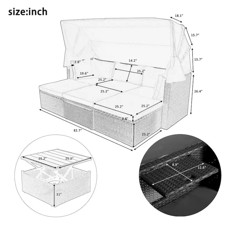Lit de repos extérieur modulable en osier tressé 4 pièces avec auvent et pouf