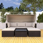Lit de repos extérieur modulable en osier tressé 4 pièces avec auvent et pouf