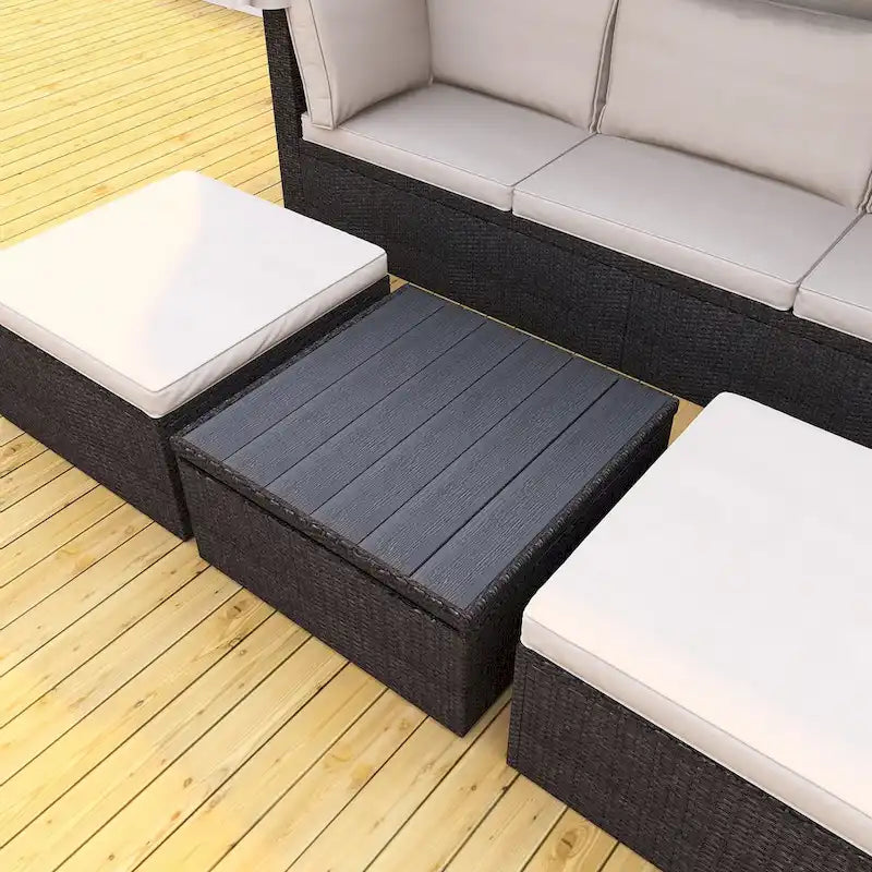Lit de repos extérieur modulable en osier tressé 4 pièces avec auvent et pouf