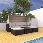 Lit de repos extérieur modulable en osier tressé 4 pièces avec auvent et pouf