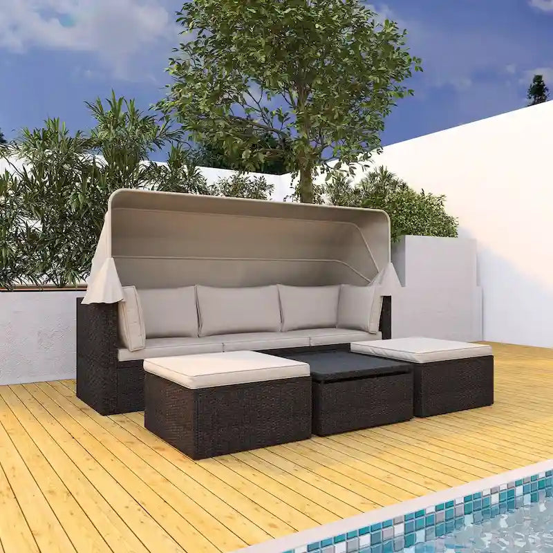 Lit de repos extérieur modulable en osier tressé 4 pièces avec auvent et pouf