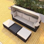 Lit de repos extérieur modulable en osier tressé 4 pièces avec auvent et pouf