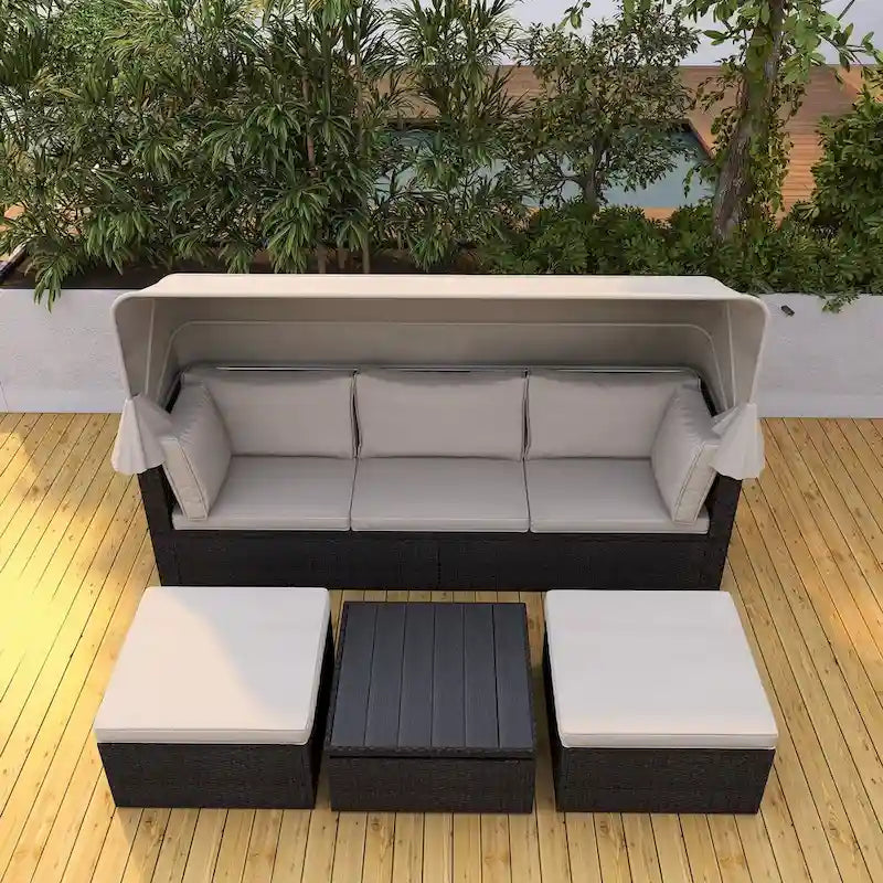 Lit de repos extérieur modulable en osier tressé 4 pièces avec auvent et pouf