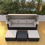 Lit de repos extérieur modulable en osier tressé 4 pièces avec auvent et pouf
