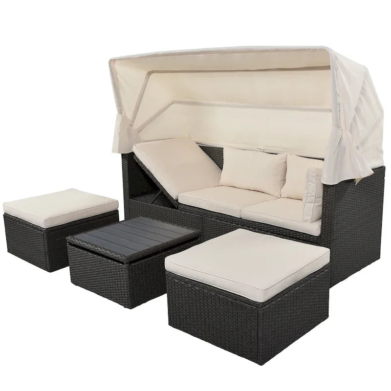 Lit de repos extérieur modulable en osier tressé 4 pièces avec auvent et pouf