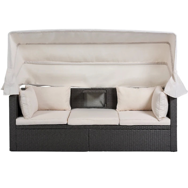 Lit de repos extérieur modulable en osier tressé 4 pièces avec auvent et pouf