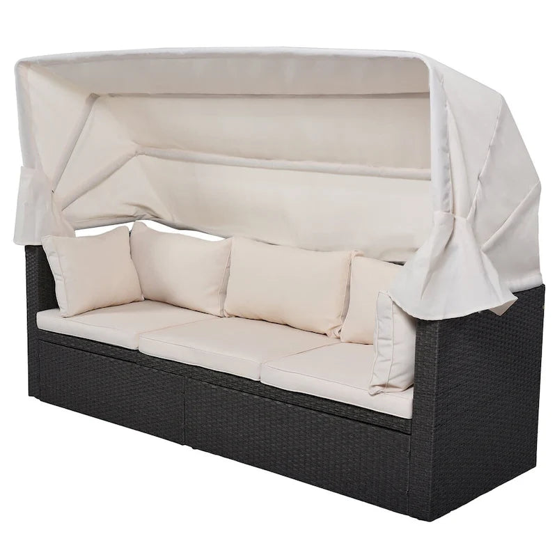 Lit de repos extérieur modulable en osier tressé 4 pièces avec auvent et pouf