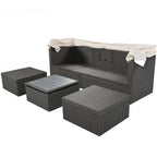 Lit de repos extérieur modulable en osier tressé 4 pièces avec auvent et pouf