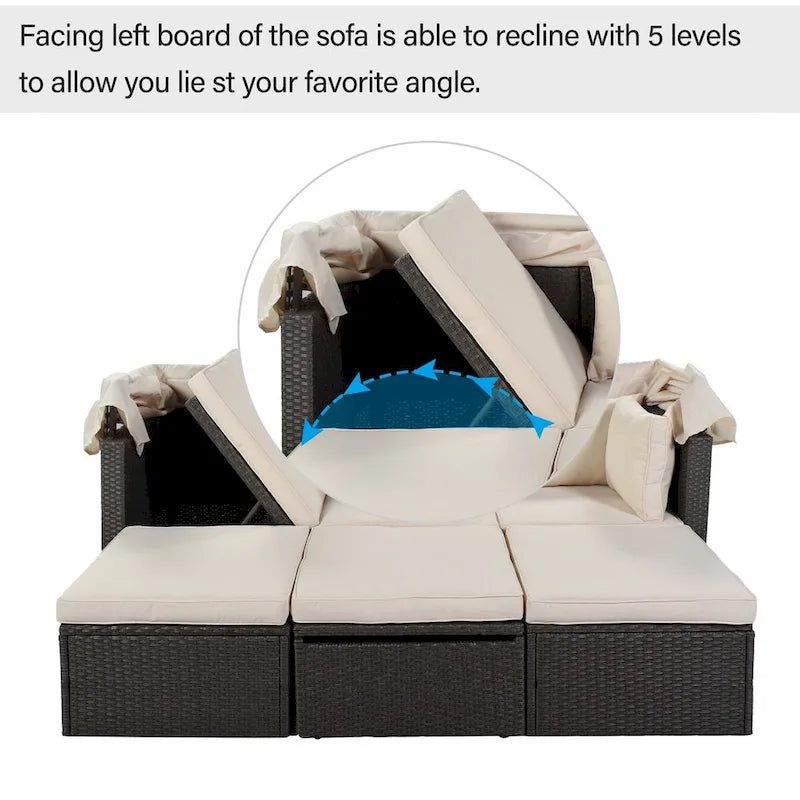 Lit de repos extérieur modulable en osier tressé 4 pièces avec auvent et pouf